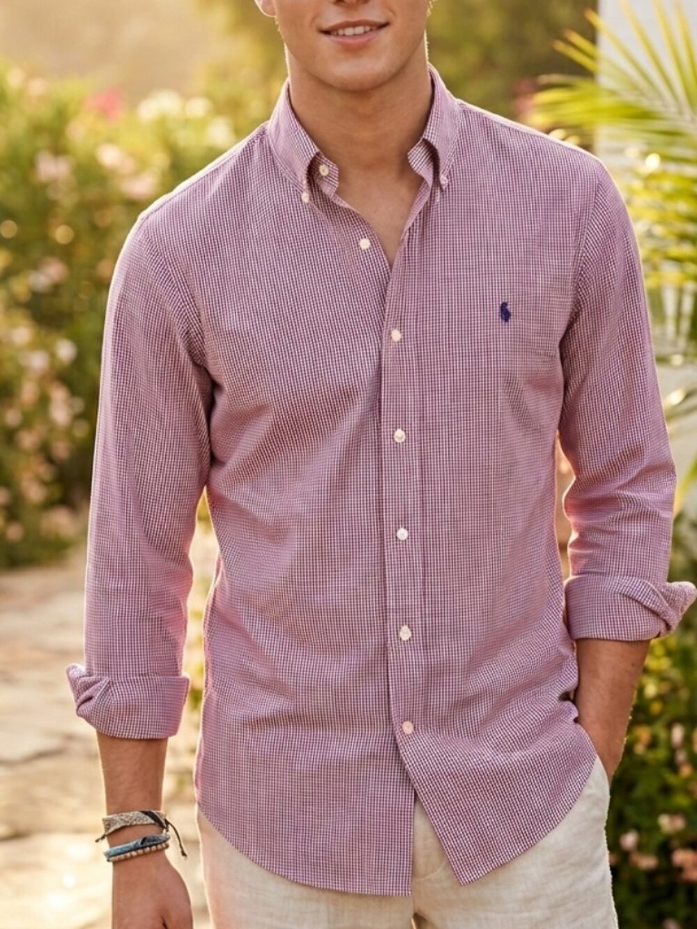 Ralph Lauren Red MicroCheck Gingham Cotton Long sleeve Polo Shirt M Quiet Luxury